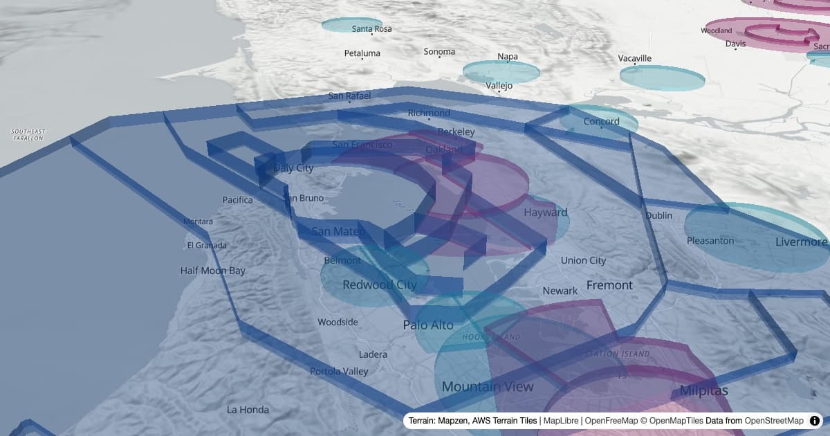 AirViz showing San Francisco Class B airspace shelves in 3D over the Bay Area